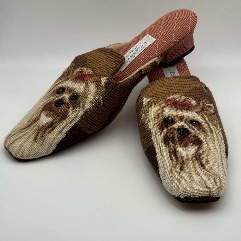 Amy Jo Gladstone Heels Sz XL 9 Needlepoint Dog York Terrier Rare VTG Designer